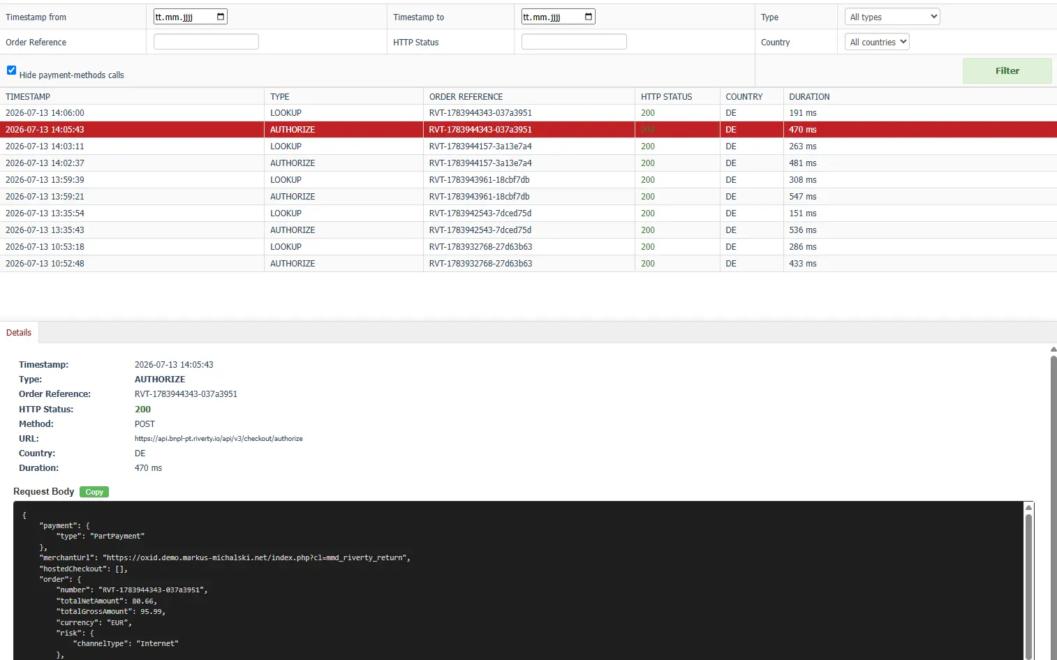 API call log interface