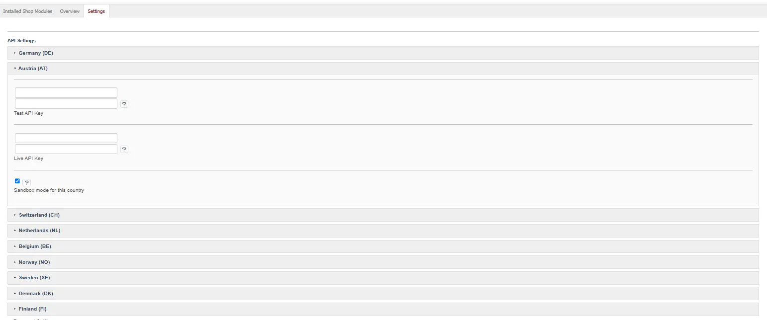 API settings per country