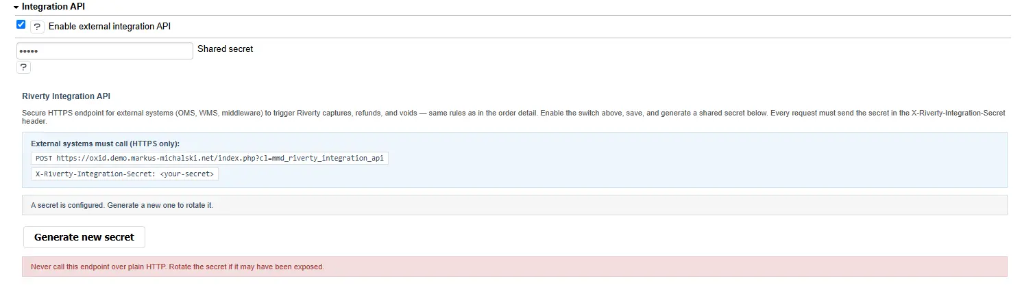 Integration API settings